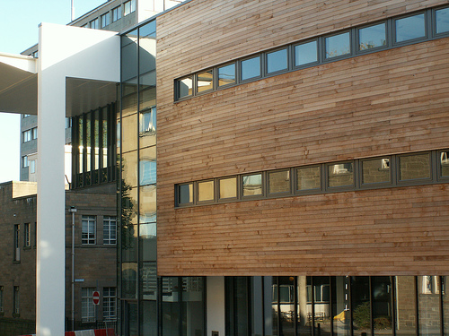 picture of a timber clad building (university of dundee library)
