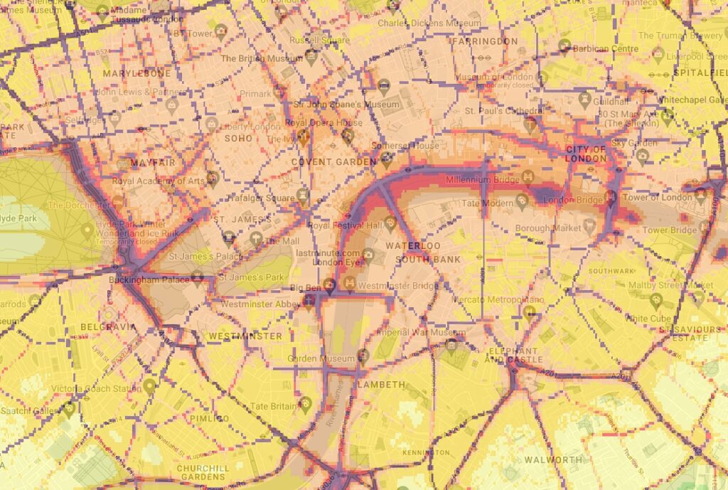 a map showing air quality in central london yellow and green area are shown as being less polluted whilst red and purple areas are over the safe AQO limit, areas next to big ben and parliament square show as being above air quality objective