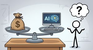 A cartoon illustration of a perfectly balanced classic metal scale on a wooden table. The left pan holds a canvas money sack marked with a dollar sign and a '1' label. The right pan holds a computer setup (monitor, keyboard, mouse) showing an illuminated screen with 'AI' text and a brain with a lightning bolt icon, also with a '1' label. Next to the scale stands a shrugging stick figure with a large question mark in a thought bubble over its head, and a '1' label next to its head.