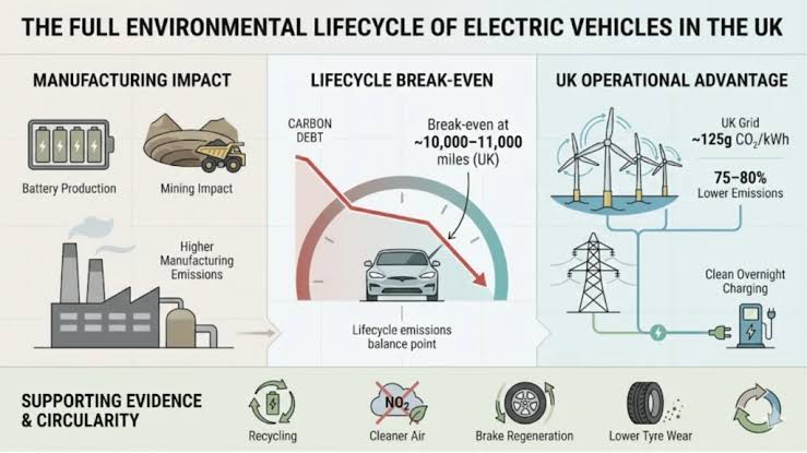 Diagram showing the cumulative carbon emissions of electric, hybrid, and petrol vehicles over their lifecycle, highlighting the manufacturing impact and operational break-even point.